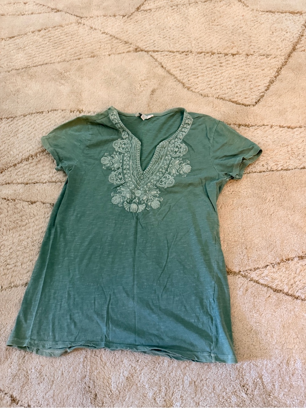 Lucky Brand Green Embroidered V-Neck Tee